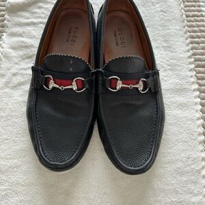 Gucci Black Leather Loafers with Red Stripe